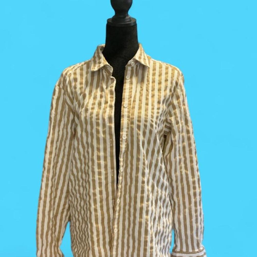 Rhythm tan white striped button up shirt